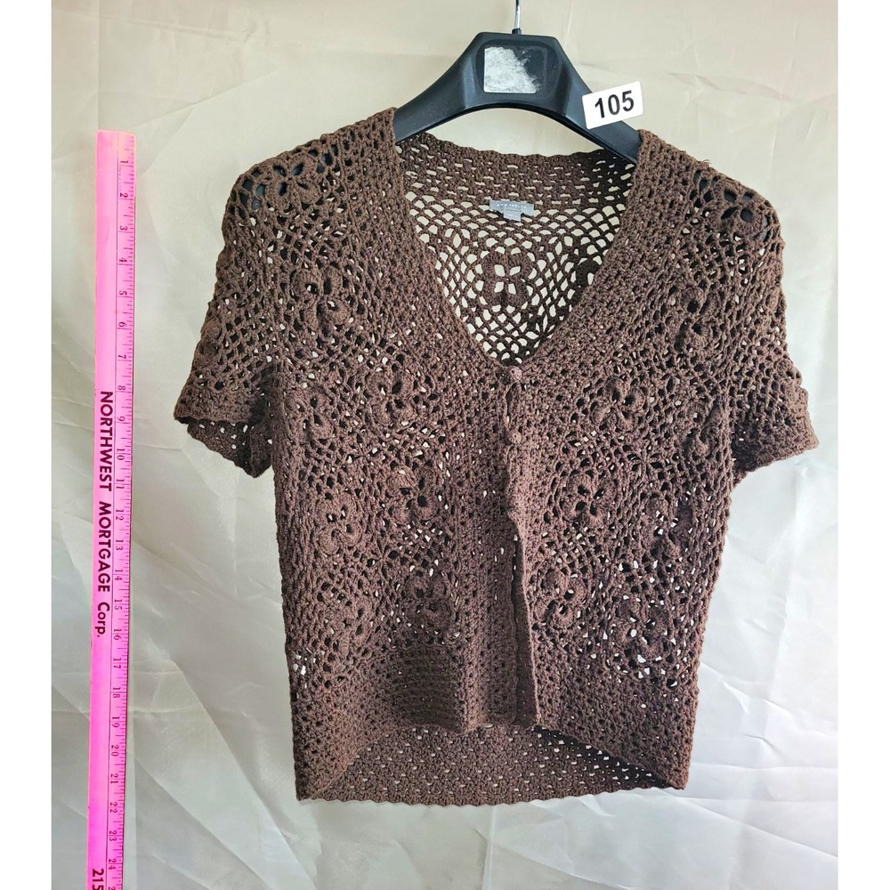 Ann Taylor Brown Floral Crochet Open-Knit V-Neck Button Cardigan Sweater L